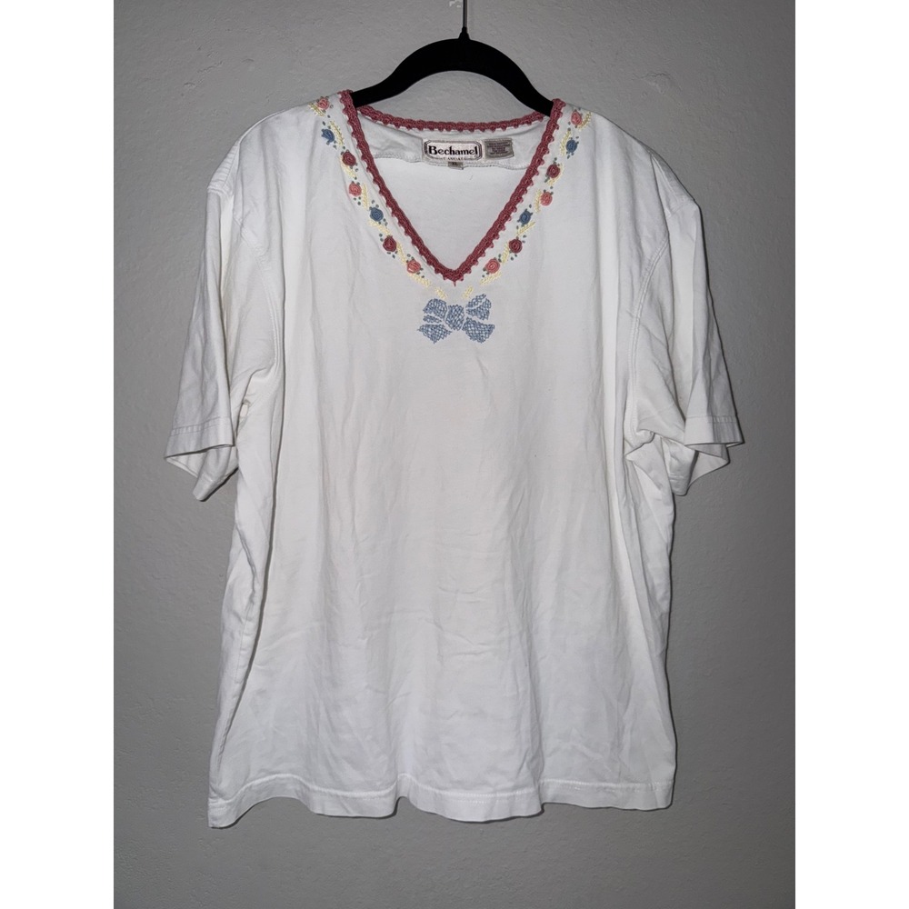 Vintage Bechamel Casual White Floral Embroidered Crochet V-Neck Cotton Tee XL